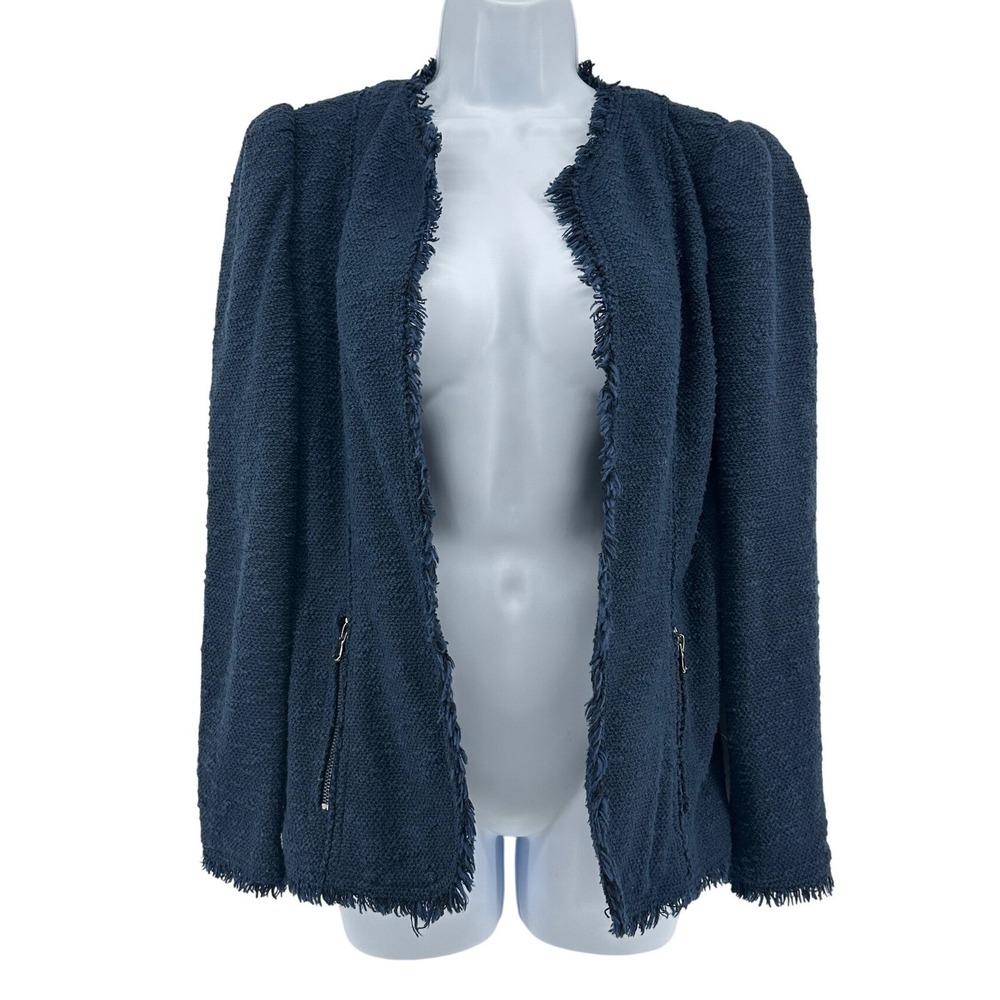 Rebecca Taylor Tweed Jacket Womens 4 Navy Blue Open Front Fringed Office Chic